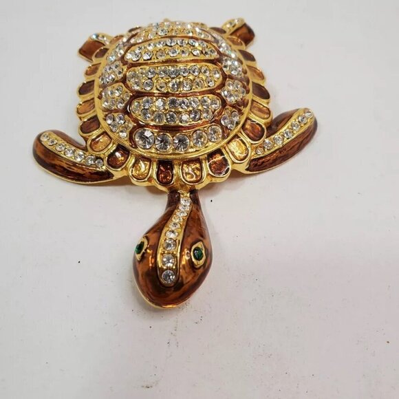 Vintage Large Sea Turtle Pin Gold tone Enamel Rhinestones Brooch - Picture 8 of 12
